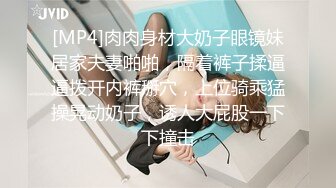 [MP4]肉肉身材大奶子眼镜妹居家夫妻啪啪，隔着裤子揉逼逼拨开内裤掰穴，上位骑乘猛操晃动奶子，诱人大屁股一下下撞击